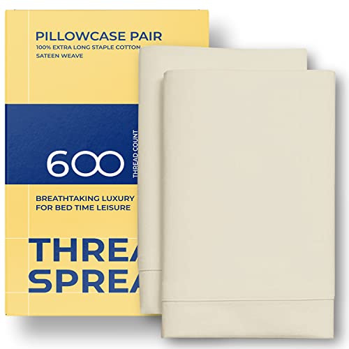 THREAD SPREAD 100% Egyptian Cotton King Size Pillow Cases Set of 2 - Luxury 600 Thread Count Pillow Cases King Size (Sand), Soft Cooling Hotel Quality Cotton Pillowcases with Smooth Sateen Finish