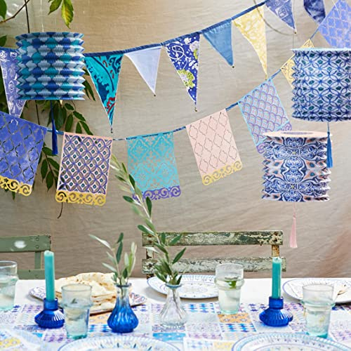 Blue Papel Picado - Ghirlanda di carta con motivo geometrico marocchino, ritagliata per giardino, compleanno estivo, decorazioni colorate per feste messicane per Cinco De Mayo, tema Encanto,
