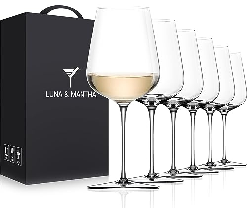 LUNA & MANTHA Wine Glasses Set of 6, Crystal White Wine Glasses with Long Stem, Hand Blown 14oz, Red White Gift Packaging for Daily Use, Father's Day, Wedding Anniversary or Birthday