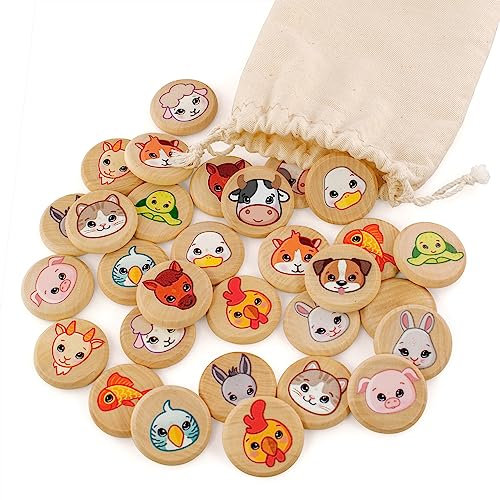Ulanik Domestic Animals Matching Pairs Memory Game Toddler Wooden Board Games for Kids 3+ 4 5 6 7 Year Old Learning & Education Preschool Toys — 30 chips
