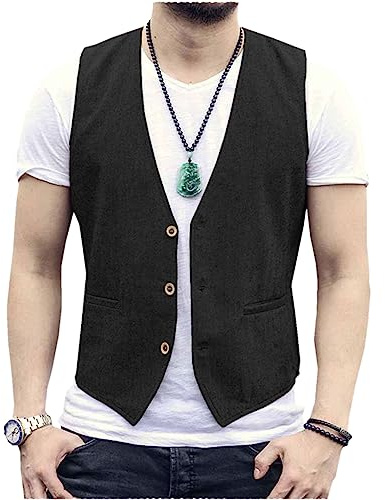 Tiavllya Gilet da uomo senza maniche in cotone e lino casual Gilet da spiaggia estivo slim fit tinta unita a 3 bottoni（M, Nero）