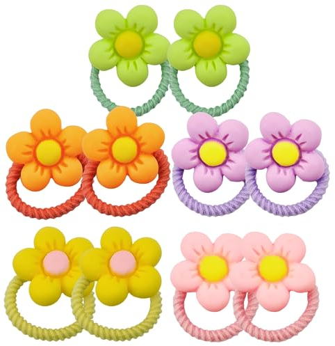 10 Stück süße kleine Haargummis für Babys, kleine Mädchen mit dünnem und mitteldickem Haar, Elastische Kinder-Haargummis mit Tier-,Früchte-,Blumen- und Schleifen-Designs (Bunte Blumen)