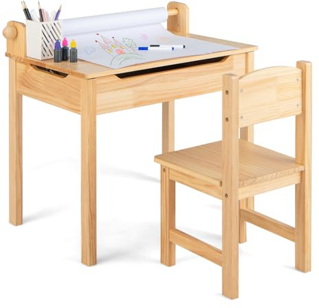 COSTWAY Juego de Mesa y Silla Infantil de Madera, Mesa de Actividades para Niños con Silla, Escritorio Infantil con Soporte para Rollo de Papel para Dibujar, Estudiar y Jugar (Natural)