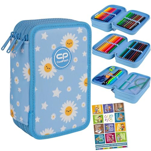 Goldkids - Federmäppchen 3 Fächer - Mäppchen für Mädchen und Jungen - Federmappe 3-Fach Federtasche Gefüllte Schüleretui 46-teilig - Schulmäppchen und Hausaufgabenheft - Blumen Motiv