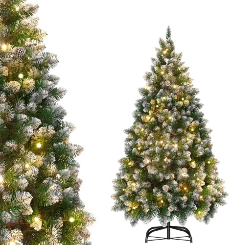 Aufun Konstgjord julgran, med varmvit LED-belysning, inkl. metallstativ, PVC-julgran, återanvändbar juldekoration (snöeffekt + tallkottar + LED, 210 cm)