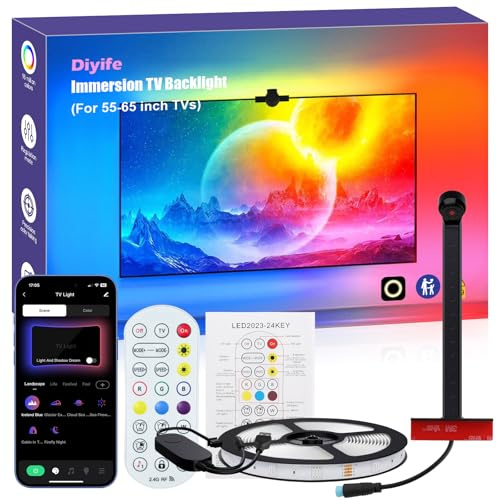 Diyife TV LED Strip,[AR Farbe Sync] 4M 120 LEDs TV Hintergrundbeleuchtung Auto Farbe Musik Sync, RGB Smart IC TV Backlight, Remote & Bluetooth App Control, für 55-65 Zoll Fernseher und PC Deko