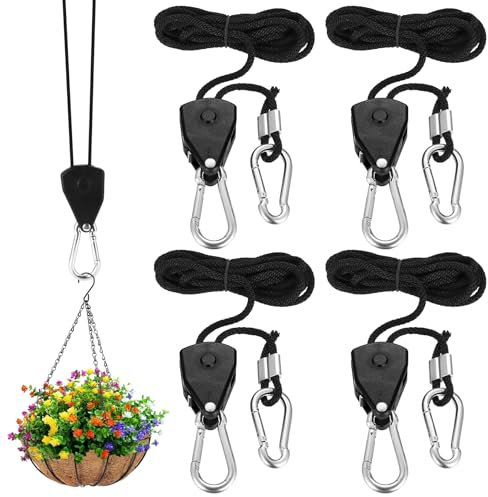 4 Abspannseile mit Seilspanner, 2M Ratchet Hanger,Verstellbarer Seilaufhänger, Einstellbare Seilhaken Ratsche Seilratsche mit Haken,Seilaufhängung für Camping Sonnensegel Grow Zubehör + 8 Karabiner