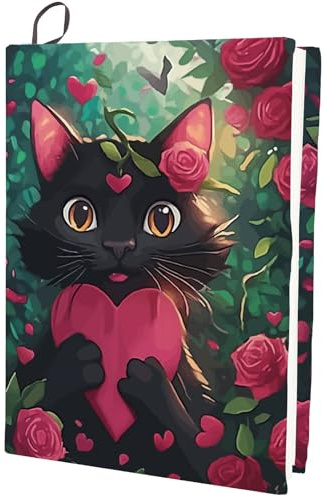 CRASPIRE tyg bokomslag svart härlig katt ros hjärta töjbart bokläm skydd elastisk anteckningsbok polyester återanvändbar tvättbar leverans för pocketbok mjukt omslag inbunden läroböcker lämplig 7 x 10