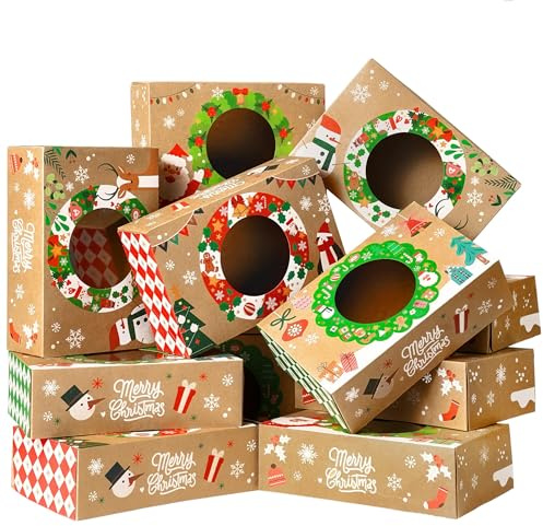 JOYIN 12PCS Christmas Cookie Boxes for Gift Giving, 8.75 x 5.75 x 2.75 Xmas Holiday Bakery Treat Boxes with Window, 4 Design Kraft Cookie Tin Containers Box for Baked Goods, Cupcake, Pastry, Candy