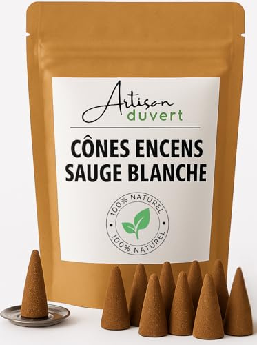 10 Cônes Encens Naturels Sauge Blanche + Socle Porte-Encens Inclus – Parfum Purifiant et Relaxant pour Méditation et Ambiance Zen