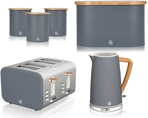Swan Nordic Grey 1.7L Jug Kettle, 4 Slice Toaster, Bread Bin & Canisters. Scandinavian Inspired Minimalist Design Matching Kitchen Set of 6 in Slate Grey with Wood Effect Accents