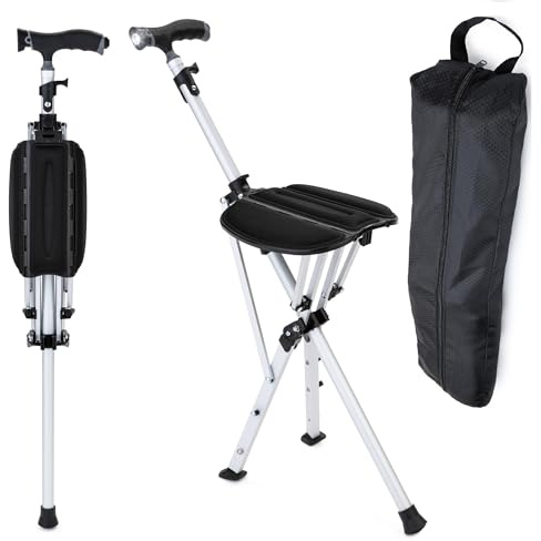 Bastón con asiento y luz LED, marco de aluminio resistente y ligero, silla de bastón plegable, silla de muleta plegable, ideal para viajes, senderismo, turismo, camping, cola y actividades al aire