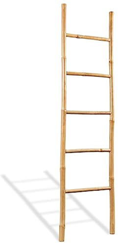 LoogCape Escalera de bambú de 150 cm con 5 peldaños para baño, ahorra espacio, autoadhesiva, antioxidante, ideal para secar y almacenar toallas en el baño