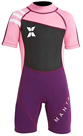 DIVE & SAIL Kids Wetsuit 2.5mm Shorty Suit Sun Protection Short Sleeve Swimsuit One Piece Sun Suit for Girls Pink S