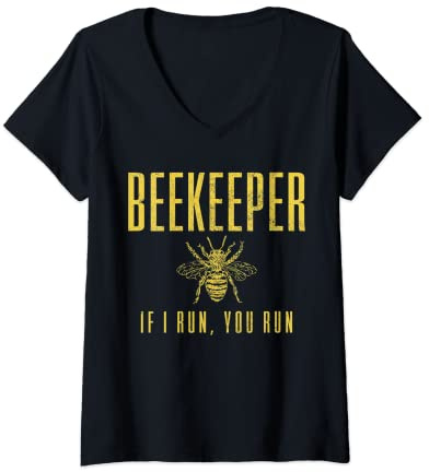 Womens Beekeeper If I Run You Run Funny Beekeeping Beekeeper Gift V-Neck T-Shirt