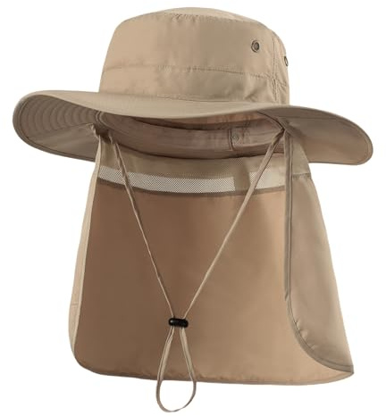 Home Prefer Mens Sun Hat with Neck Flap Quick Dry UV Protection Caps Wide Brim Fishing Hat UPF50+ Beach Safari Garden Hat (Dark Khaki)