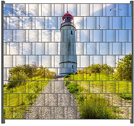 Wallario Zaun Sichtschutz Windschutz für EIN- und Doppelstabmattenzäune in der Größe Breite 2,00m x Höhe 1,80m, Motiv: Leuchtturm auf Hiddensee bei Sonnenschein