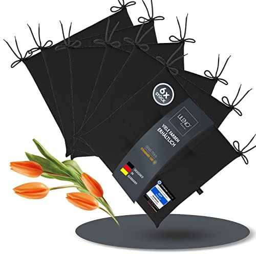 LILENO HOME 6er Set Stuhlkissen Schwarz (40x40x4,5 cm) - Sitzkissen für Gartenstuhl, Küche oder Esszimmerstuhl - UV-beständige Indoor u. Outdoor Stuhlauflage als Stuhl Kissen (Laura FUM)