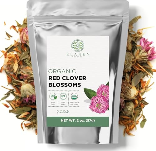 Organic Red Clover Blossoms 2 oz. (57g), USDA Certified Organic Red Clover Blossom Tea, Whole