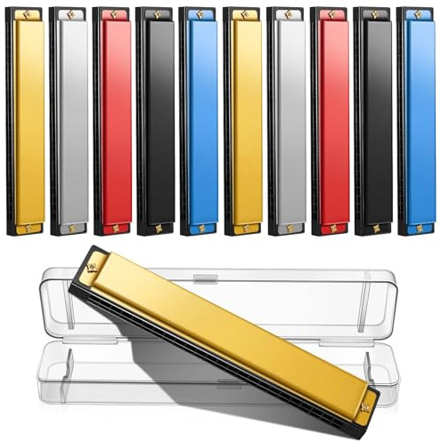 Lukmaa 10 Pcs Harmonica Set Titanium Color Harmonica with Case Cleaning Cloth Diatonic Chromatic Musical Mouth Organ for Beginners(24 Hole 24 Tones)