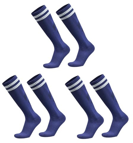 SKHAOVS 3 Paia Calzettoni Calcio Blu Navy per Bambini, Calze Lunghi Calcio per Ragazzi Ragazze, Calzini Sportivi Allenamento Alti Ginocchio, Calzini da Basket Rugby Hockey per 5-12 Anni (Navy Blue)