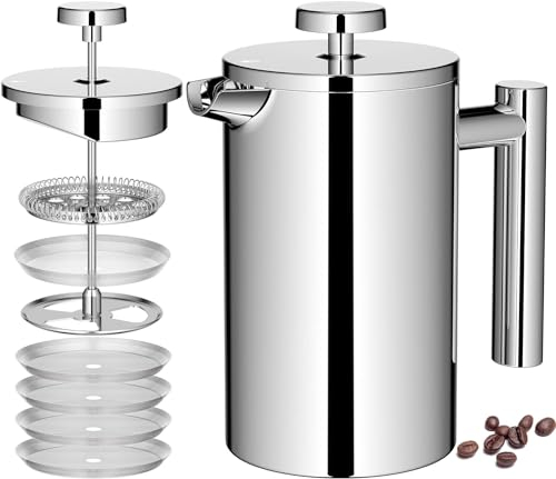 Wrobic Cafetière à piston française 600 ml en acier inoxydable avec système de filtration à 3 niveaux, double paroi isolée avec 3 filtres et 1 cuillère en métal