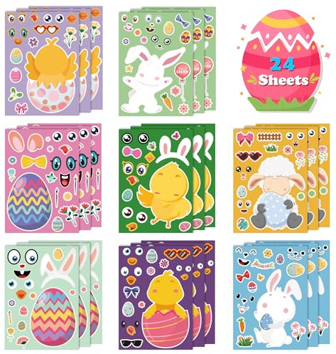 OHOME Easter Basket Stuffers for Kids - DIY Happy Egg Bunny Sticker Crafts Stickers for Toddlers,Kids Easter Gifts Decor Treats Games Toys Activities Party Favor Supplies(24 Sheets)