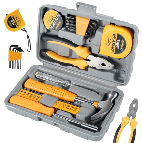 24 Pcs Home Repair Tool Kit General Household Hand Toolbox Set with Storage Case DIY Tools Hammer and Allen Key Set with Electrical Tape Screwdriver Test Pen Plier Bits for Men Women & Beginner