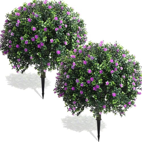 Yunlly Set of 2 Artificial Boxwood Topiary Ball Tree Fake Bushes Shrubs Outdoor Faux Plant with Ground Spike Flowers UV Resistance Greenery for Front Porch Garden Patio Indoor(Purple,27x18inch)