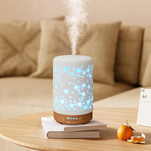Dreamhigh® Diffuseur Huiles Essentielles 100ML, Céramique Diffuseur Parfum Maison avec 7-Couleurs Changeantes, Diffuseur Aromathérapie Electrique Humidificateur d'air-Anhydre Arrêt Automatique
