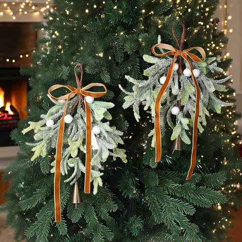 Suncalla 2 Pcs Christmas Mistletoe Decor Artificial Mistletoe with Brown Bow and Bells Ornament Hanging Decorations for Tree Accessories Artificial Dry Leaf Hanging Decoration for Fireplace Wall