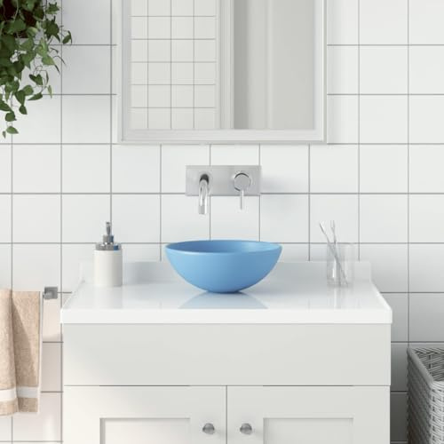 Lavabo with Céramique, Design Rond, Vasque à Poser Salle de Bain, Lavabo Salle de Bain, Meuble Vasque Salle de Bain, Lave Main, Bleu Clair, 280 x 100 mm