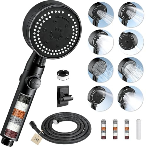 FALSKT Alcachofa de Ducha con Filtro,8 Modos, Alcachofa Ducha con Manguera 2M Duchas de Baño con Botón de Parada Telefono Ducha Cabezal Ducha Alta Presion, 4Filtro,Soporte (negro)