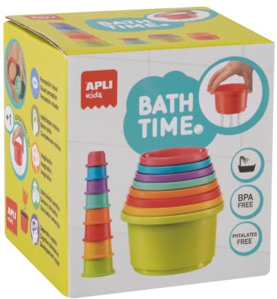 APLI Kids 20671-8 stapelbara baby- och badkoppar, sensoriskt spel | BPA-Free, Phtalates-Free, Sensoriskt Spel, Olika Storlekar, Färger och Vatteneffekter, +2 år