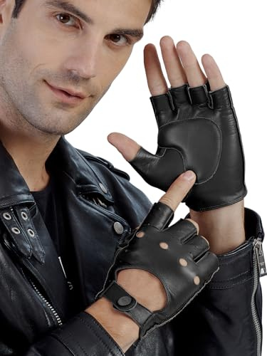 GSG Mens Fingerless Leather Gloves Driving Cycling Motorcycle Half Gloves Unlined Large Black