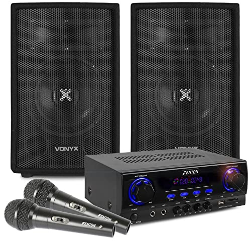 Karaoke Anlage mit 2 Mikrofonen - Vonyx SL8 PA Lautsprecher Set 400 Watt und Fenton AV440BT Bluetooth Verstärker, Mobile PA Anlage Komplettset mit Kabeln, DJ Anlage, Karaoke Set, Karaoke Maschine