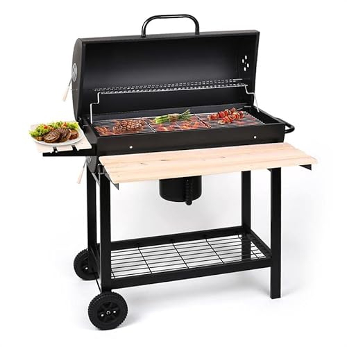Oneconcept GQ5-Beefbutler Grill à Charbon de Bois, Fumoir, Cuisson directe et indirecte, 3 grilles chromées, 4 Trous d'aération, 2 étagères pour Accessoires, 2 Roues - Noir