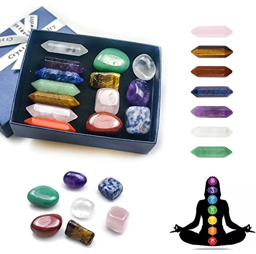 Naturlig Reiki ädelsten stav set i låda, naturlig Reiki ädelsten stav set för meditation kristallterapi ångestlindrande balanserande yoga kristaller och ädelstenar för nybörjare (14 st)