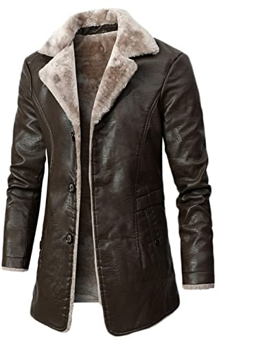Sawmew Veste en Cuir pour Homme Veste de Motard Long Manteau en Cuir Vintage - Veste d'hiver en Cuir de Mouton Retourné