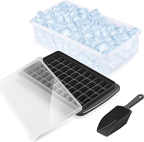 Eiswürfelbehälter mit Deckel und Behälter Ninonly 55 Stück Eiswürfel Große Silikon Eiswürfelbehälter mit Deckel Einfach zu Lösende Eiswürfelform aus Silikon für Whiskey, Bier, Cola (Schwarz)