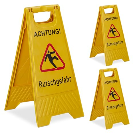 Relaxdays Rutschgefahr Aufsteller, 3er Set, klappbar, beidseitig beschriftet, Kunststoff, Warnschild vor Glätte, gelb