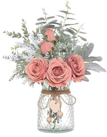 Arreglo Floral Falso, Ramo de Rosas Artificiales con Jarrón, Flor de Rosa Sintética en Jarrón, Decoración de Flores Artificiales(Rosa)