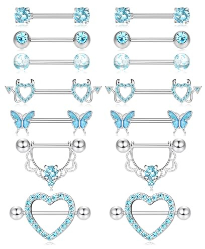 LOLIAS 7 Paires Piercing Téton Femme Acier Chirurgical - Coeur CZ, Barbells, Langue, Mamelon Rose Bleu - Bijoux