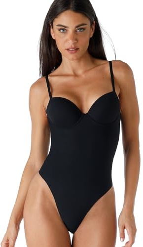 Lovable Body Modellante con Ferretto e Coppe Imbottite in Microfibra Tecnica | Retro Perizoma Invisibile | Shapewear Smooth Shaping Donna, Nero, XL