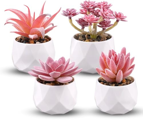 4 Piezas Mini Suculentas Artificiales, con Maceta Planta Artificial Decorativa, Plástico Planta Artificial Pequeña, Plantas Falsas para El Hogar, Dormitorio, Salón, Oficina, Decoración de Escritorio
