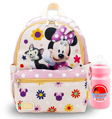 Disney Minnie Mouse Mini Backpack for Kids Set - Bundle with 13 Bag with Front Pocket and Water Bottle Minnie Mouse Backpack Purse