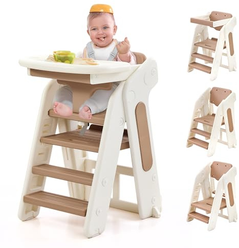 4-in-1 Convertible Toddler Step Stool, Adjustable Height Toddler Tower, Foldable Standing Tower with Safety Fence & Removable Dining Tray, Kids Step Stool for Kitchen Counter Bathroom Sink (Khaki)