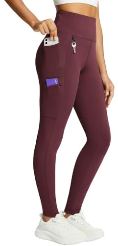 baleaf Pantalon en polaire doublé pour femme avec haut de jambe imperméable, taille haute, leggings de randonnée, leggings thermiques, pantalon de vélo, pantalon de course avec poches zippées, rouge