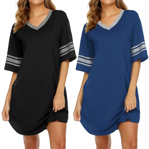 Ekouaer Nighties for Women Nightdress Ladies Soft Night Dress Womens T Shirt Nightdresses Summer Plus Size Nightwear Sleep & Lounge,Black+navy,L