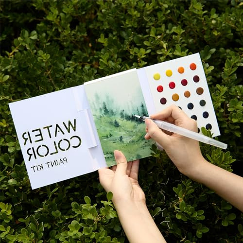 MEEDEN Set de Peinture Aquarelle : 24 Couleurs Kit de Peinture avec 10 Papiers Aquarelle et Pinceau - Kit d'Art Portable, Idéal comme Set de Voyage pour les Artistes en Déplacement